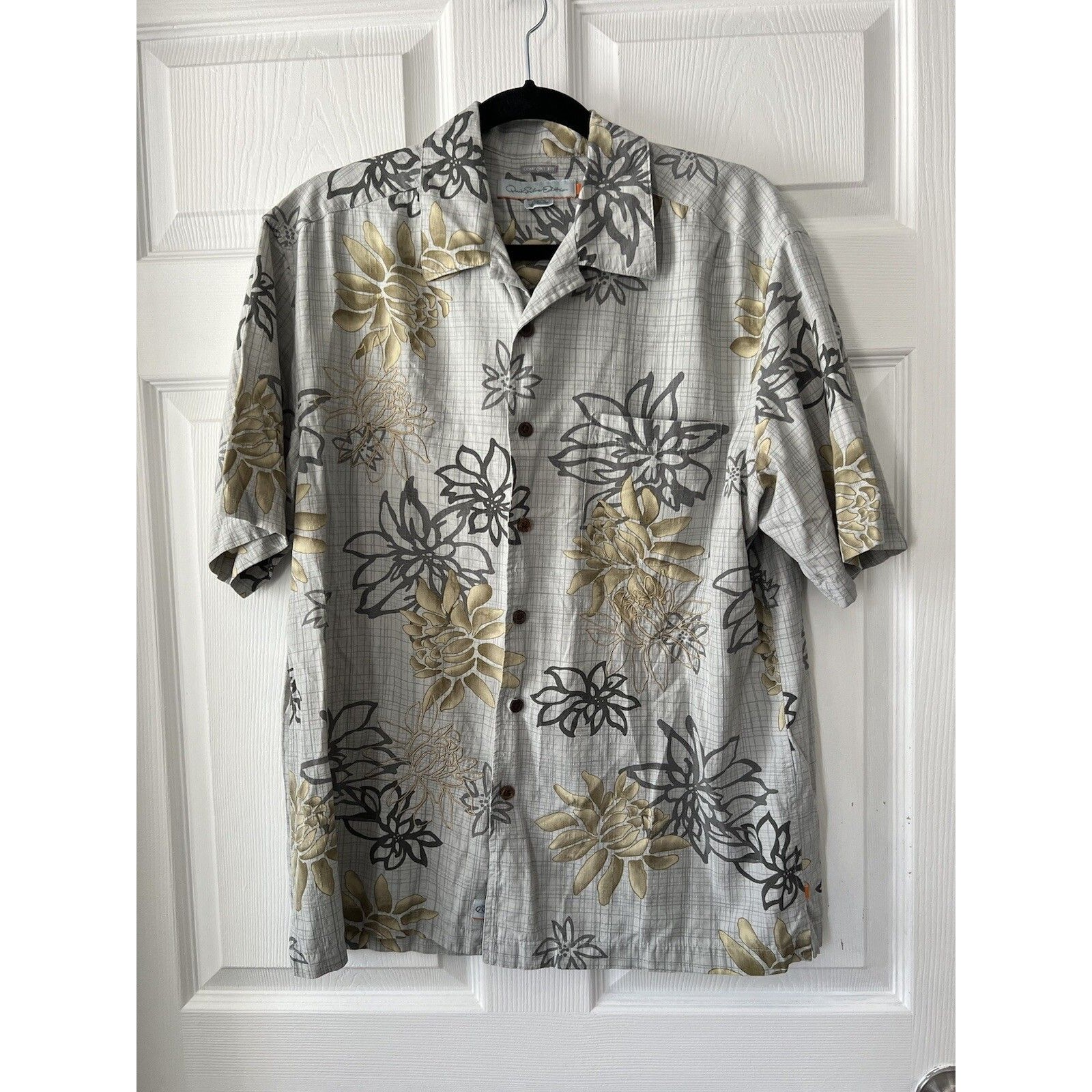 Quicksilver Edition Button Up Comfort Fit Gray Hawaiian Shirt 100% Silk Size M